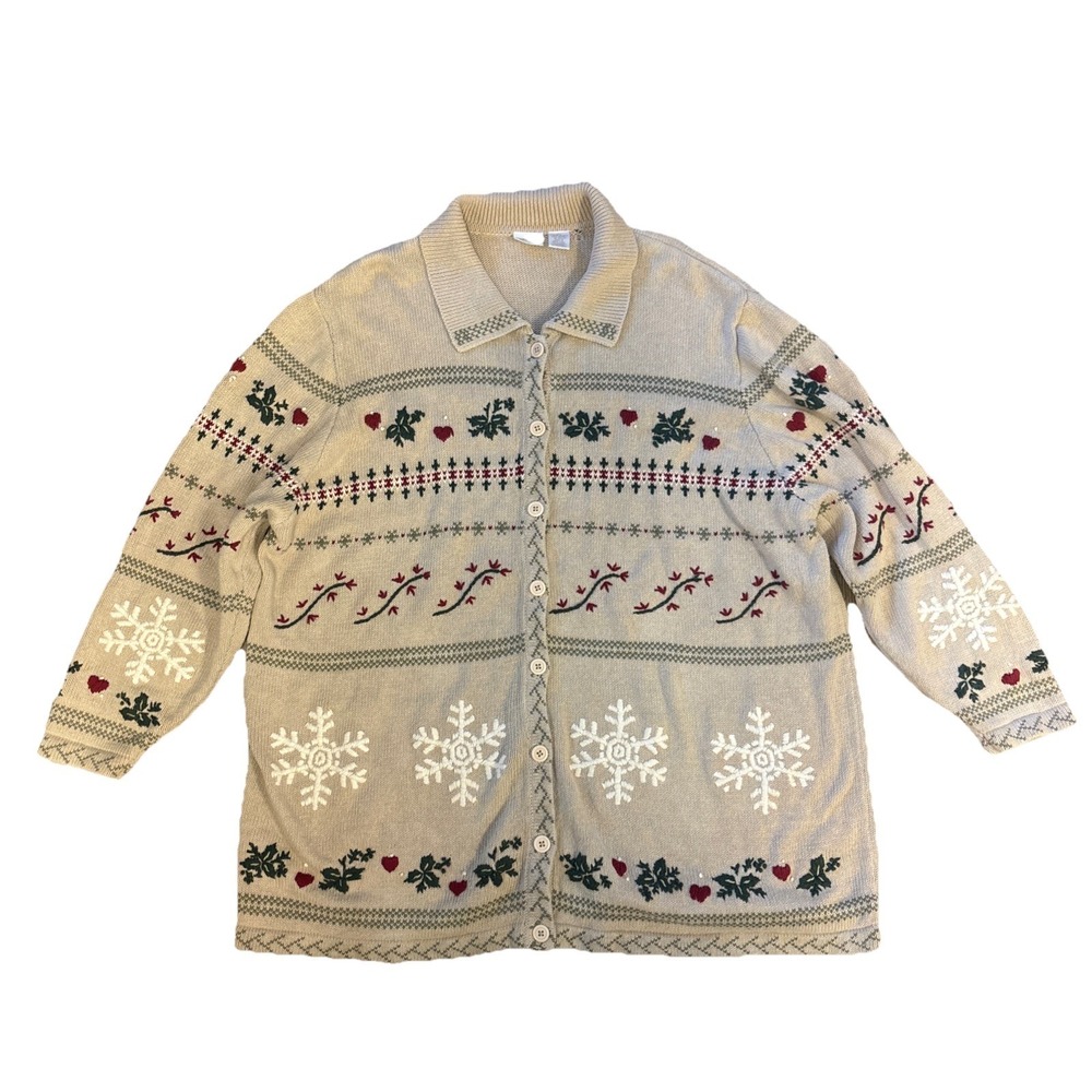 Cherokee Woman Holiday Button Up Sweater Cardigan Size 3x Christmas Hearts‎ Snow
